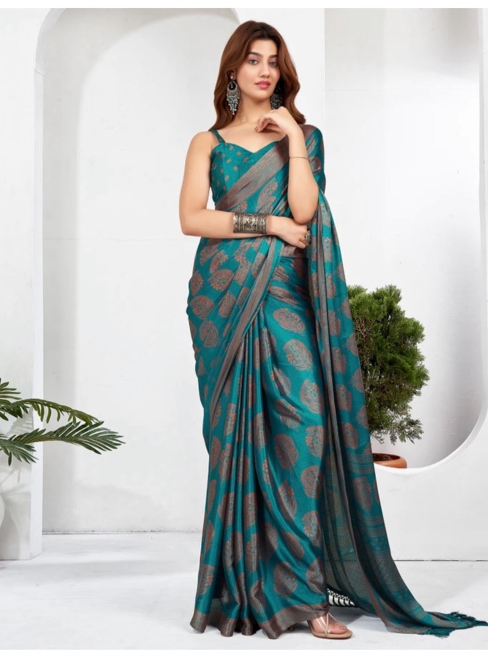 Women's Satin Georgette Printed Saree with Unstitched Blouse Piece Blue Teal